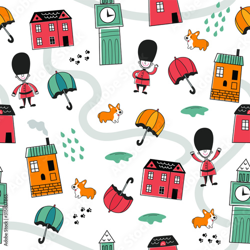 hand drawn vector seamless pattern with british soldiers, houses and corgi