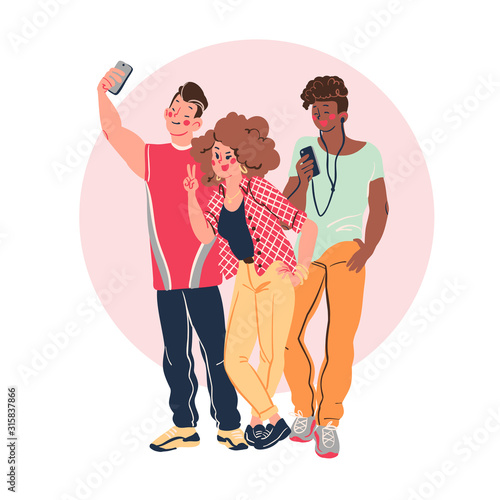 Group of young stylish modern teenagers people with smartphones and making selfie together isolated on white background. Vector flat illustration.