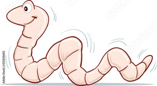  Illustration of a funny cartoon earth worm character smiling and crawling