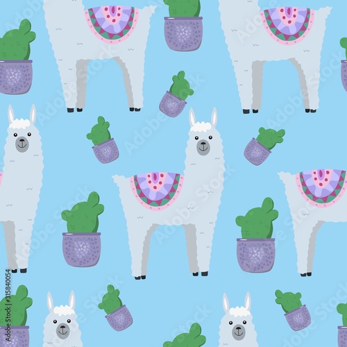 Cute alpaca and llama with cactus seamless pattern for textile, fabric, paper, nursery.