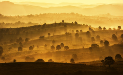 Fototapete Honigfarbe Erstaunliche Berglandschaft mit Sonnenaufgang, natürlicher Reisehintergrund im Freien. Schönheitswelt.  © Sasint