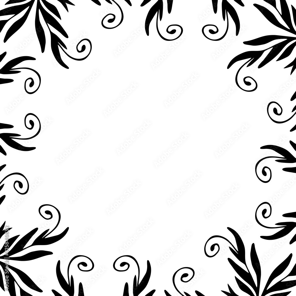 Decorative black round frame with branches. Luxury floral mandala. Oriental squared vintage illustration. Template design for invitation, poster, card, fabric, textile. Decorative black round frame with branches. Luxury floral mandala. Oriental squared vintage illustration. Template design for invitation, poster, card, fabric, textile.