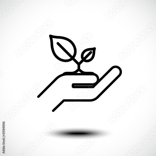 Leaf in hand, care nature line icon. Vector illustration