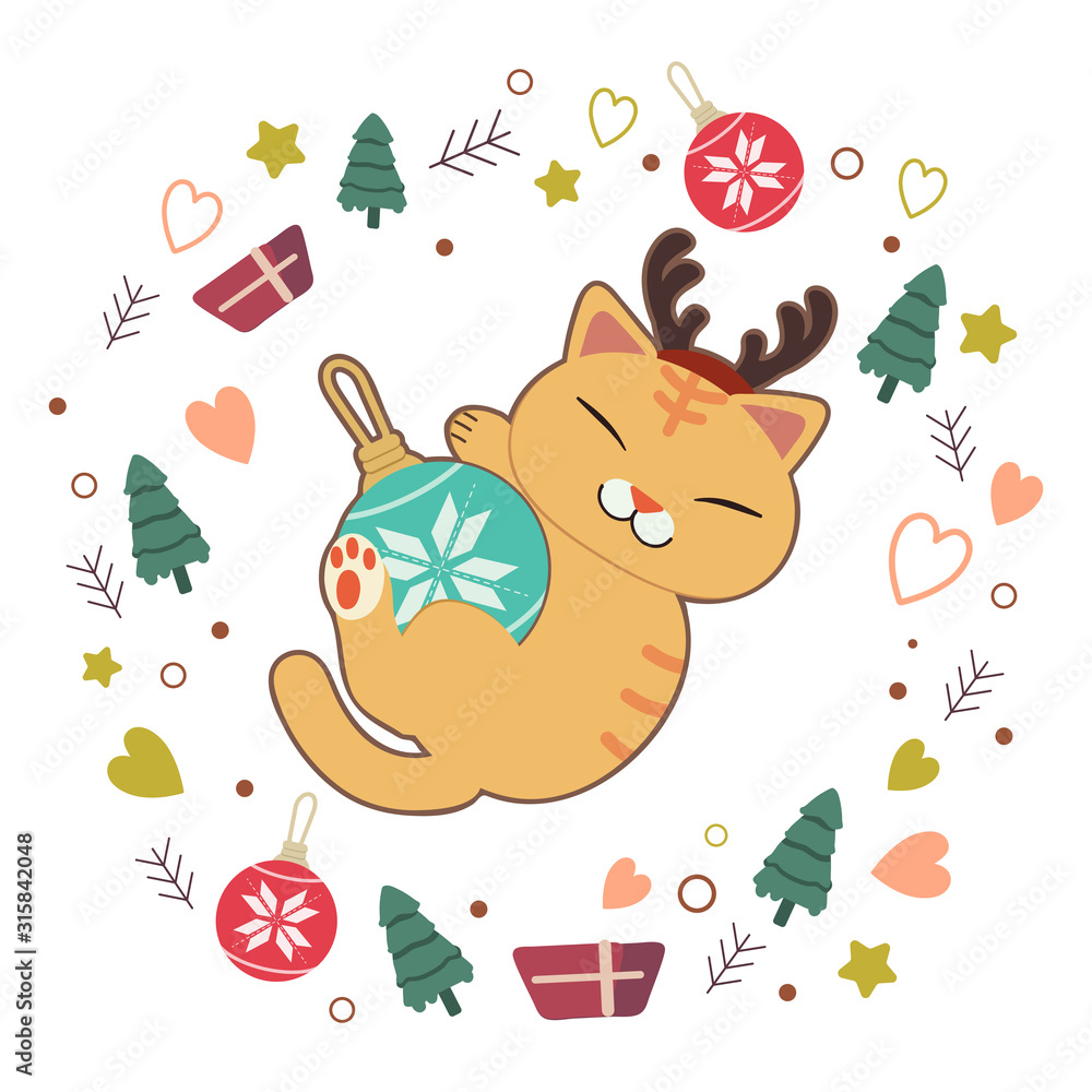 The character of cute cat playing with christmas ball on the white background. The white background have a elemant christmas tree and ball and sock and star and heart.