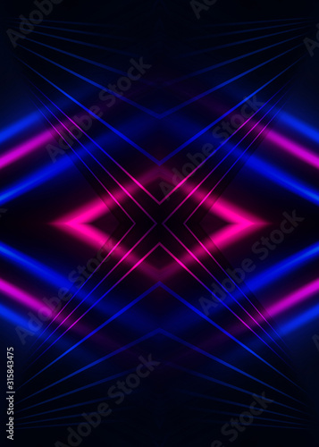 Fototapeta Naklejka Na Ścianę i Meble -  Dark abstract futuristic background. Neon lines glow. Neon lines, shapes. Multi-colored glow, blurry lights, bokeh. Empty stage background