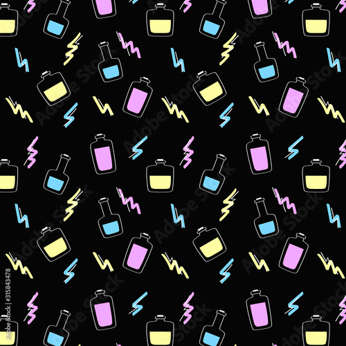 Seamless pattern of hand-drawn bottles and graphic elements of different colors and shapes. Stock vector flat cartoon illustration isolated on black background.