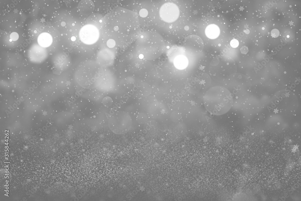 nice brilliant glitter lights defocused bokeh abstract background with falling snow flakes fly, celebratory mockup texture with blank space for your content