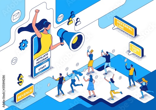 Influencer standing with megaphone and refer a friend to affiliate program, blogger and followers, people like post in social media network, 3d vector isometric illustration with outline and texture