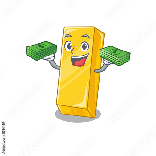 happy rich gold bar character with money on hands