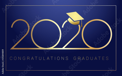 Class of 2020 year graduation banner, awards concept. Shining sign, happy holiday invitation card, golden frame, text. Isolated abstract graphic design template. Deep in blue color style background.