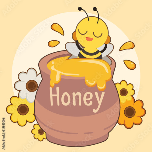 The character of cute bee sleepping in the honey jar. The honey jar have golden honey and flower. The cute bee look relaxing with the honey. The character of cute bee in flat vector style.