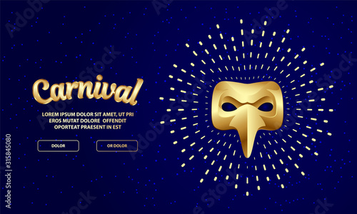 Carnival golden mask banner with lettering. 3D vector gold plague doctor mask with splash halo.