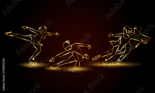 Figure skating set. Golden linear single and pair Figure skating illustration for sport banner, background and flyer.