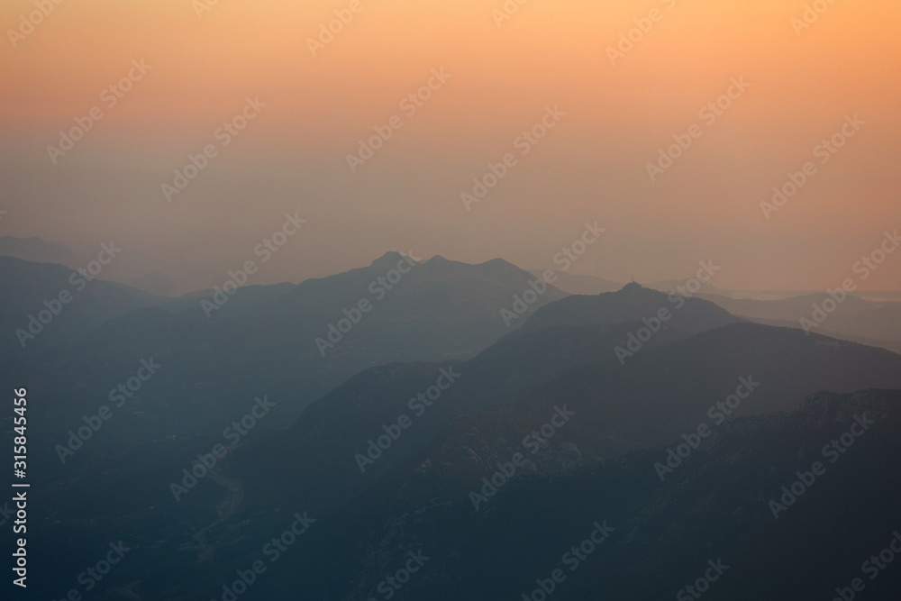Panorama of the mountains at sunset.