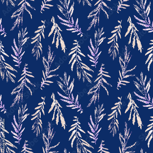 Prints of abstract leaves mix repeat seamless pattern. Digital hand drawn picture with watercolor texture. mixed media endless motive for textile decor, wallpaper and design.