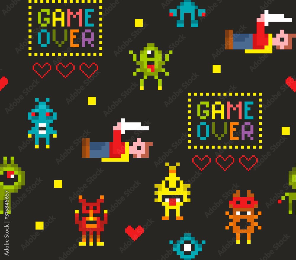 Pixel art seamless pattern with retro video game characters.