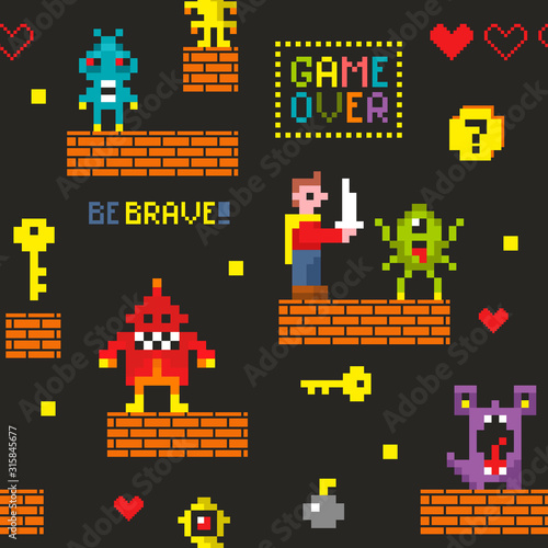 Pixel monsters and hero endless wallpaper for surface graphic design. © Eka Panova