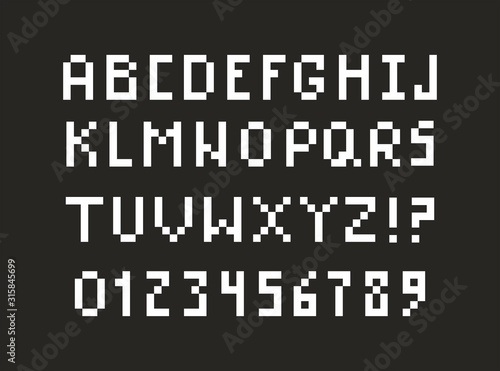 Pixel alphabet in retro 8 bit style. Vector art.