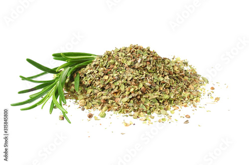 rosemary leaves with dried rosemary isolated on white background.