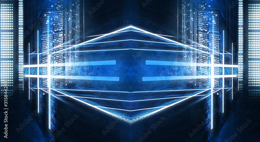 Fototapeta premium Background of empty show scene. Empty dark modern abstract neon background. Glow of neon lights on an empty stage, diodes, rays and lines. Lights of the night city.
