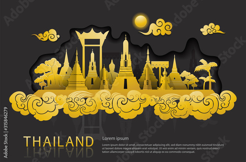 Thailand travel illustrator: famous landmarks and tourist attraction of Thailand with paper cut style