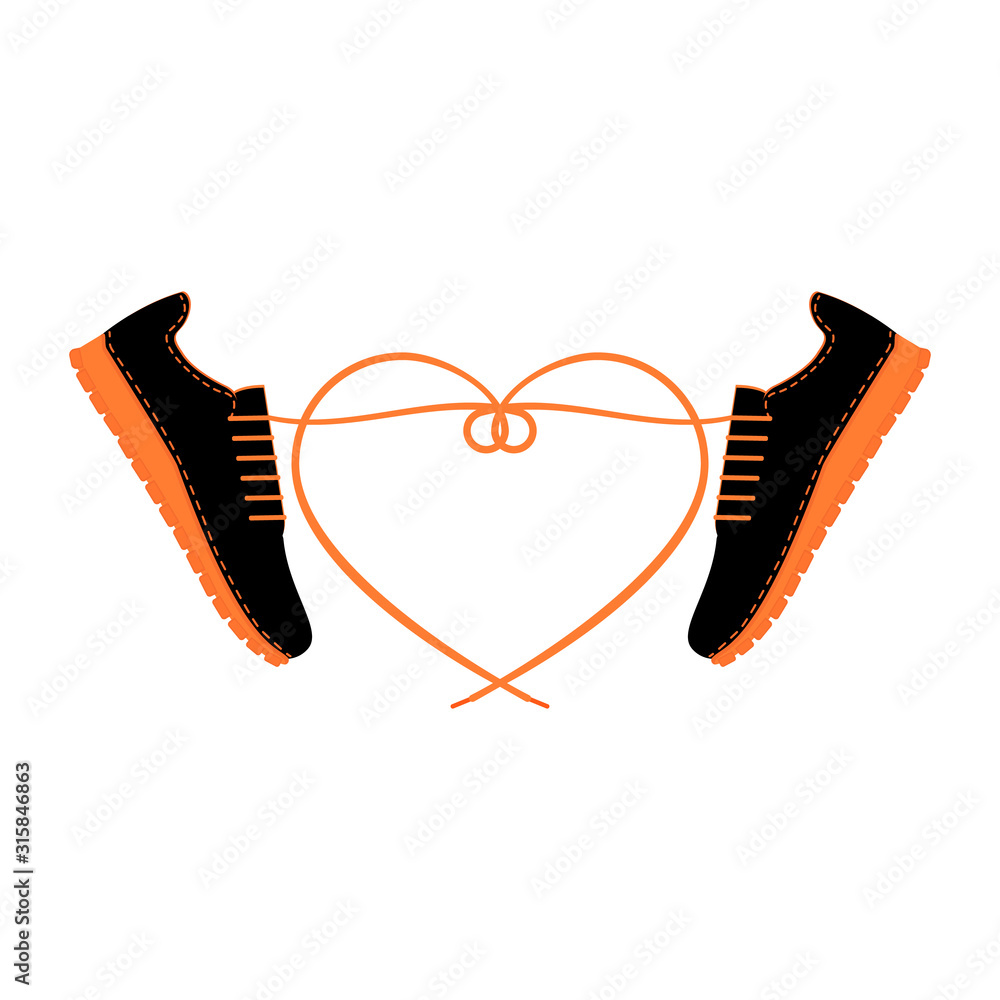 Two sneakers with long tangled shoelaces in shape heart. A pair of shoes  with laces and heart. Men sport city footwear. City fashionable youth shoes.  Isolated vector illustration. Flat design. Stock Vector