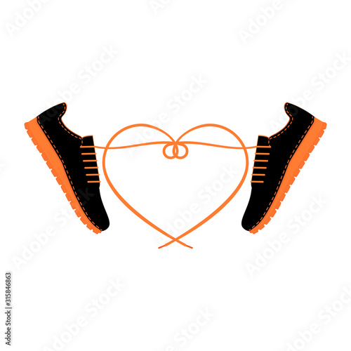 Two sneakers with long tangled shoelaces in shape heart. A pair of shoes with laces and heart. Men sport city footwear. City fashionable youth shoes. Isolated vector illustration. Flat design.