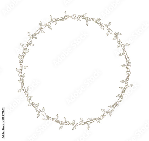 Vector circle rope frame overgrown with plant with thorns and leaves. White background