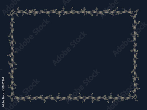 Vector rectangle rope frame overgrown with plant with thorns and leaves. Dark background