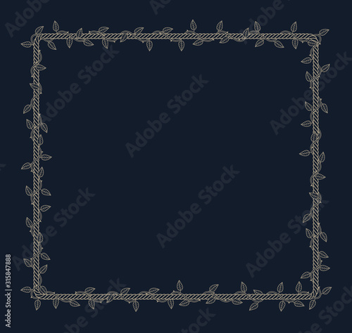 Vector square rope frame overgrown with plant with thorns and leaves. Dark background