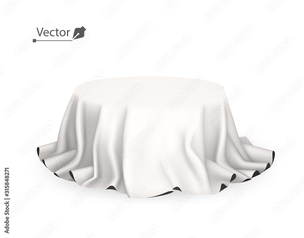 Pedestal or place for a product covered with white silk. Blank tablecloth. Reveal the hidden object. Empty podium, stand with tablecloth to show magic tricks. Pedestal or place for a product covered with white silk. Blank tablecloth. Reveal the hidden object. Empty podium, stand with tablecloth to show magic tricks.
