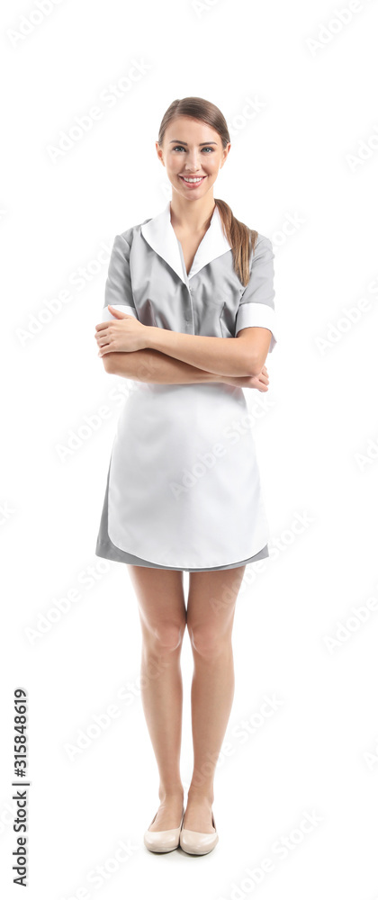 Portrait of beautiful chambermaid on white background Portrait of beautiful chambermaid on white background