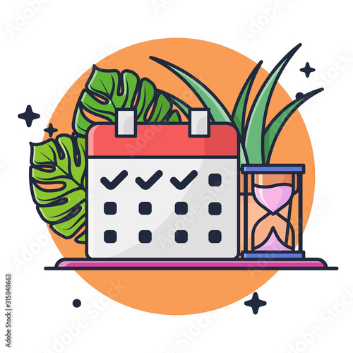 Calendar and Plants with Hourglass Vector Illustration