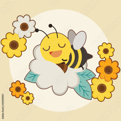 The character of cute bee sleepping on the white flower with orange and yellow flower on the yellow background. The cute bee have a good time with the white background.