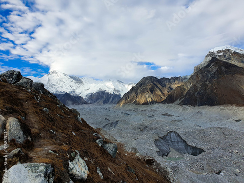 View on Ngozumpa glacier, the longest glacier in the Himalayas. Everest base camp trek itinerary: Gokyo village, Solokhumbu, Nepal.