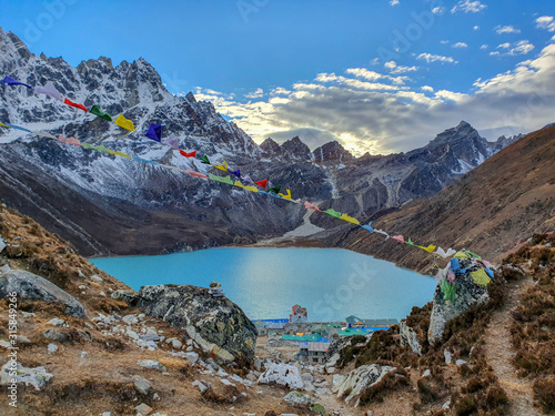 Everest base camp trek itinerary: Gokyo village, Solokhumbu, Nepal. Picturesque view on famous Dudh Pokhari or Gokyo lake with marvellous turquoise water.