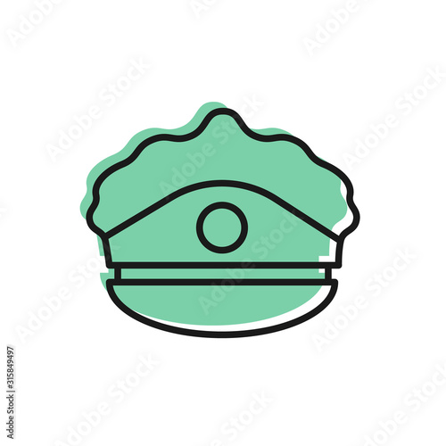 Black line Police cap with cockade icon isolated on white background. Police hat sign. Vector Illustration