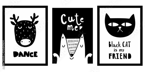 Quadro su tela Scandinavian funny posters with doodle characters and lettering.