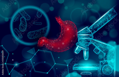 Human stomach microscope 3D low poly render probiotics. Healthy normal digestion flora of human intestine yoghurt production. Modern science medicine allergy immunity thearment vector illustration