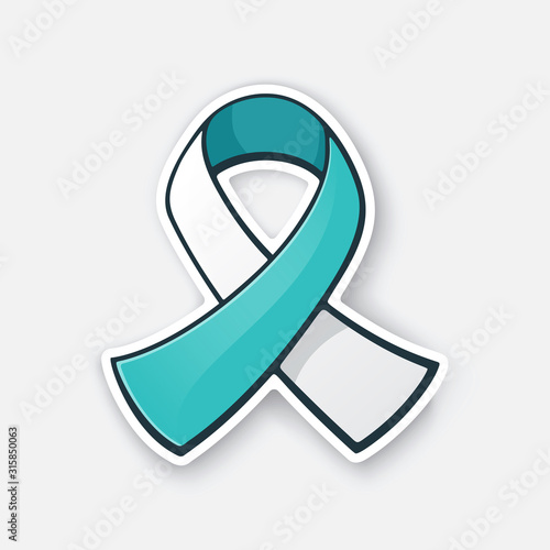 Vector illustration. Ribbon at teal and white color, international symbol of Cervical cancer awareness. Graphic design with contour. Isolated on white background