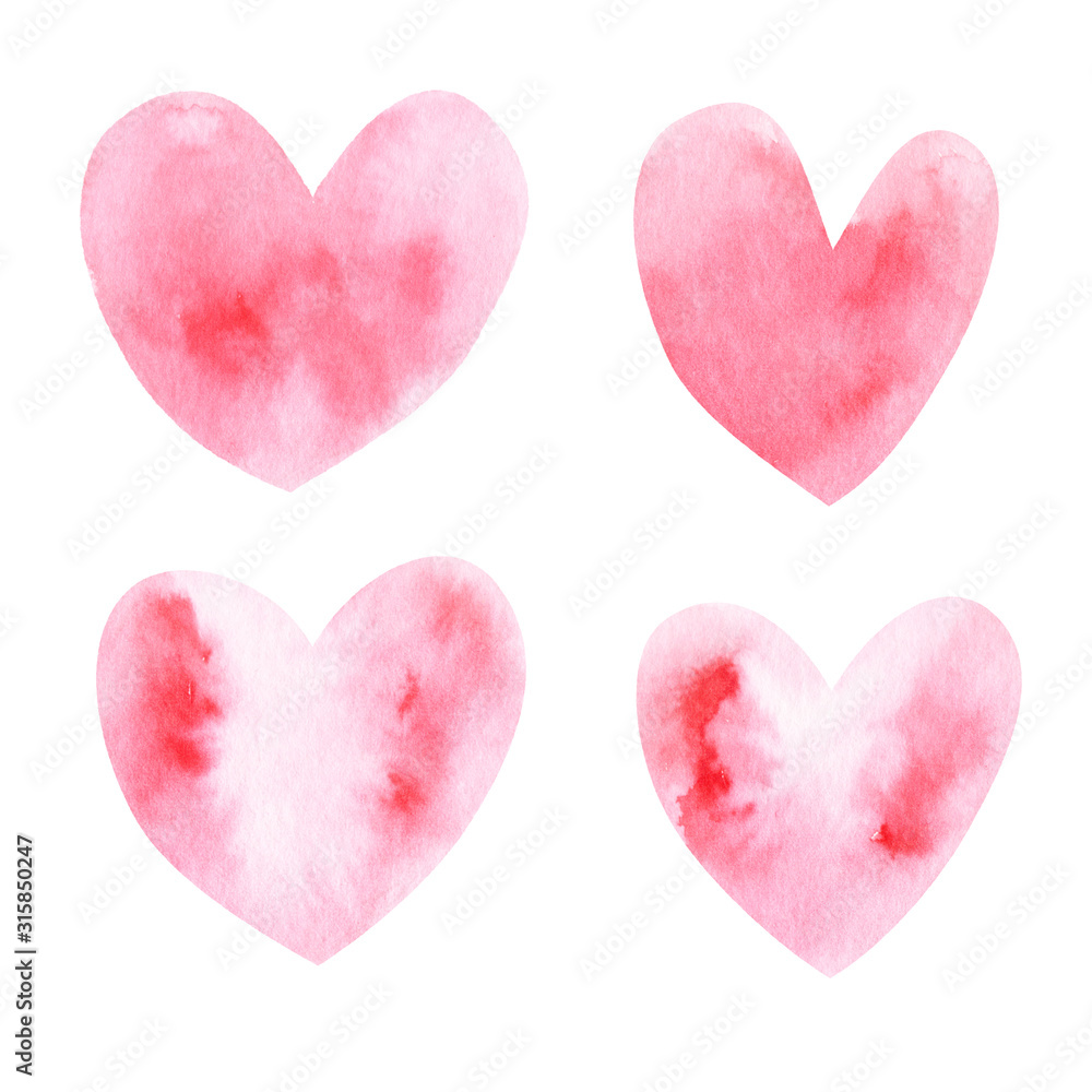 Watercolor hand painted pink heart. Isolated on a white background.