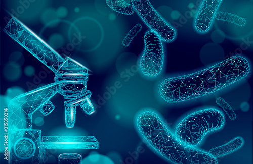 Bacteria microscope 3D low poly render probiotics. Healthy normal digestion flora of human intestine yoghurt production. Modern science medicine allergy immunity thearment vector illustration