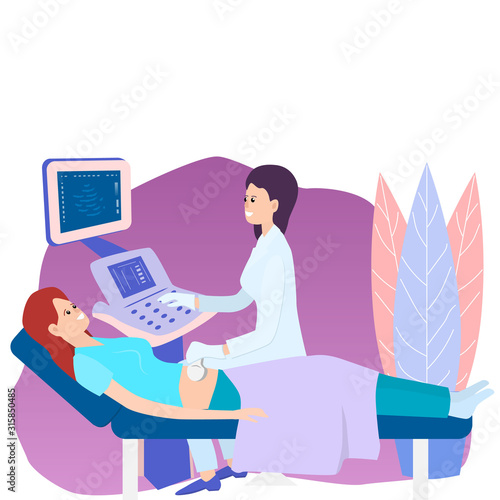 A woman lies on a couch, a doctor examines her with an ultrasound machine
