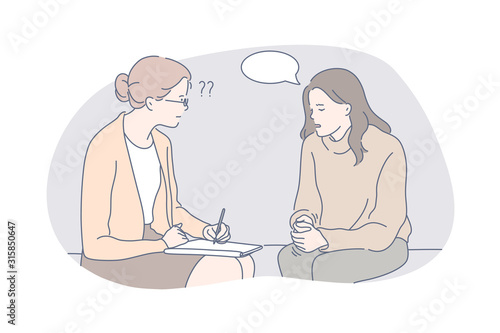 Psychology, communication, depression, speech bubble, therapy concept. Woman is depressed, communicates with psychologist. Communication in speech bubble. Therapist helps patient. Simple flat vector