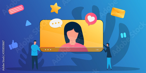 Cartoon internet blogger shows media content. Influencer filming video blog. Vector illustration