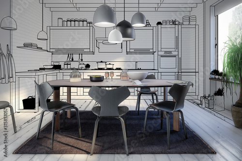Modern Kitchen Arean with Dining Room Integration (draft) - 3d visualization
