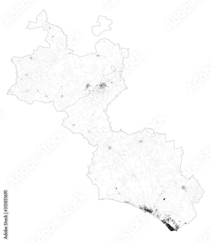 Satellite map of Province of Caltanissetta towns and roads, buildings and connecting roads of surrounding areas. Sicily region, Italy. Sicilia. Map roads, ring roads