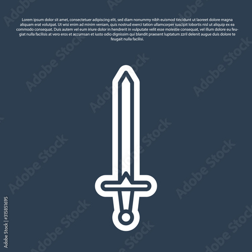 Blue line Medieval sword icon isolated on blue background. Medieval weapon. Vector Illustration