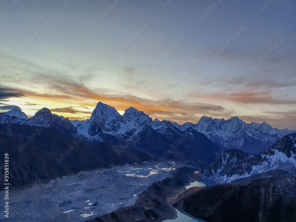 Gokyo Ri - November 2019: Everest, Nuptse, Cholatse, etc. Picturesque mountain view from Gokyo Ri at sunrise. Trekking in Solokhumbu, Nepal, Himalayas.