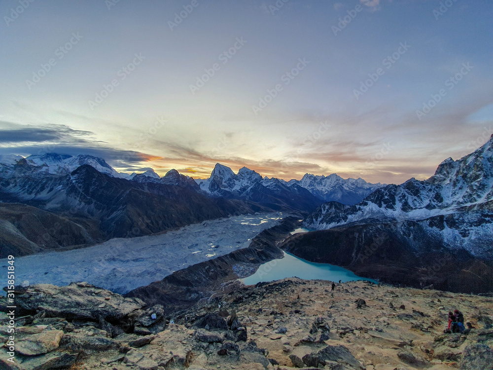 Gokyo Ri - November 2019: Everest, Nuptse, Cholatse, etc. Picturesque mountain view from Gokyo Ri at sunrise. Trekking in Solokhumbu, Nepal, Himalayas.